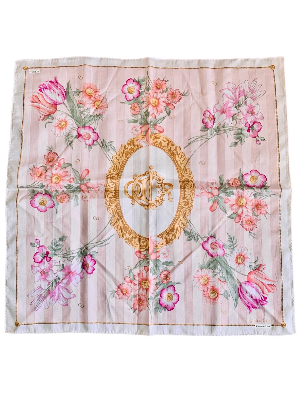 Christian Dior Vintage Floral Handkerchief NWT 19” Pink Gold CD Monogram Japan